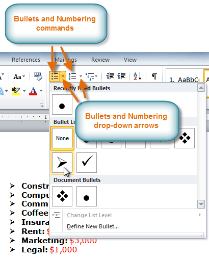 bullet points for word 2010