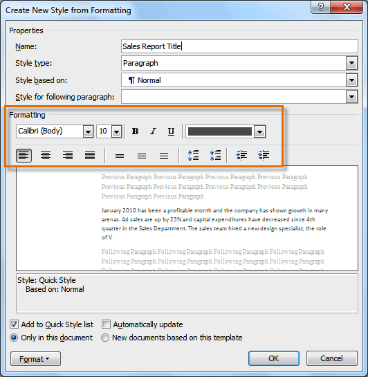 how do you change the style set in word 2010