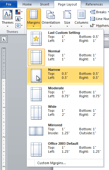 how to set default page layout in word 2010