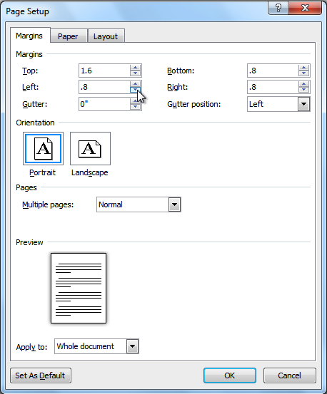 how to change default page layout in word 2010