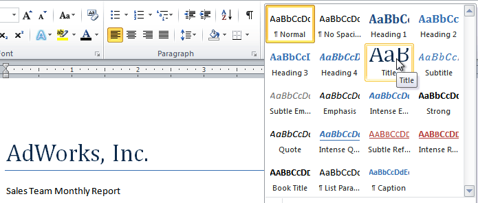 how do you change the style set in word 2010