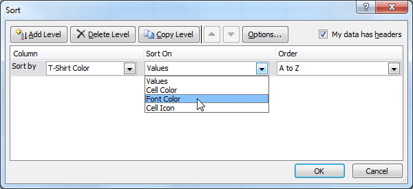 Choosing to sort on Font Color