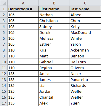 Sorted by homeroom number, from smallest to largest
