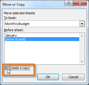 Checking the Create a copy box