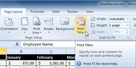 Selecting the Print Titles command