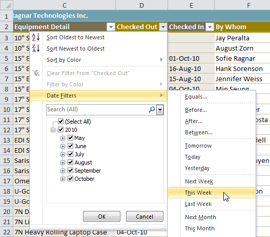 Selecting a date filter