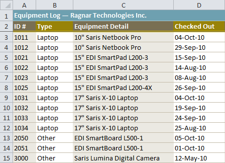 Worksheet with header row