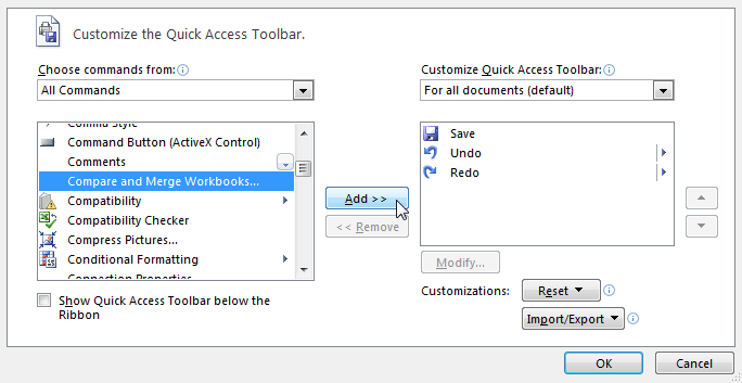 customize quick access for excel for mac compare and merge workbooks