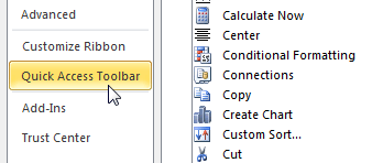 Selecting the Quick Access toolbar