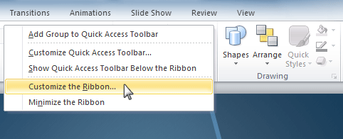 Right-clicking the Ribbon to customize it