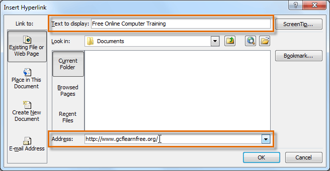 The Insert Hyperlink dialog box