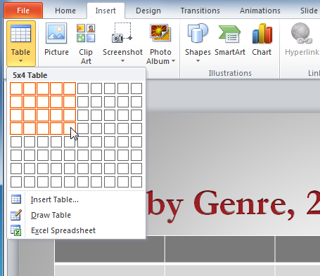 Inserting a table with the Insert tab