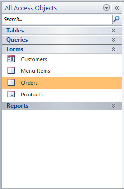 The Objects Pane, after minimizing the Tables, Queries, and Reports groups