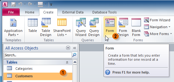 Using the Form command to create a form from the Customers table