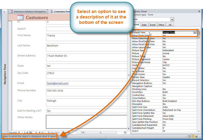 Selecting a Property Sheet option to find out what it does