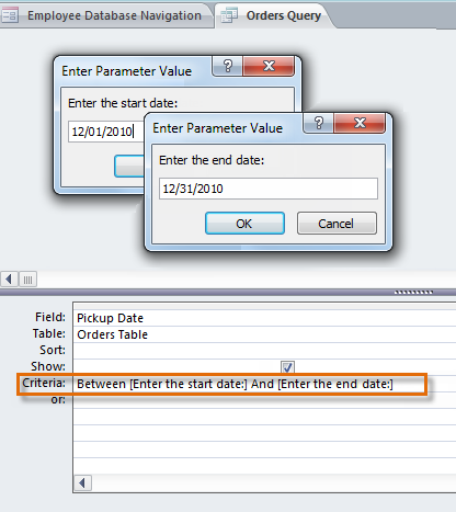 Microsoft Access Report Parameter Input Definition