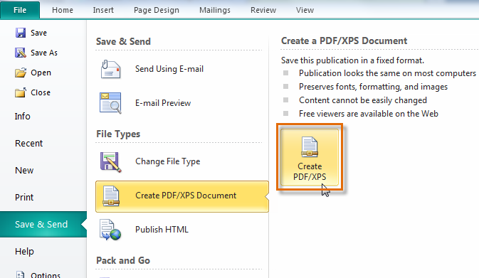 The Create PDF/XPS button