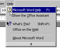 Help menu with Microsoft word help selected.