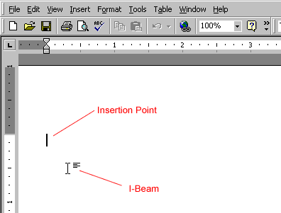 Word window with Insertion point and I beam labeled.
