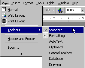 View menu with standard and formatting toolbars selected