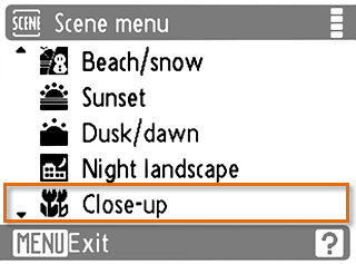 Selecting the Close-up scene mode