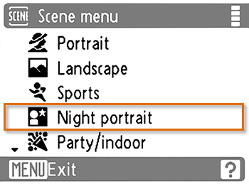 Selecting the Night Portrait scene mode