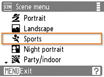 Selecting the Sports scene mode
