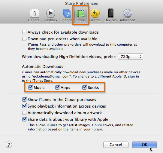 Enabling automatic downloads in iTunes preferences