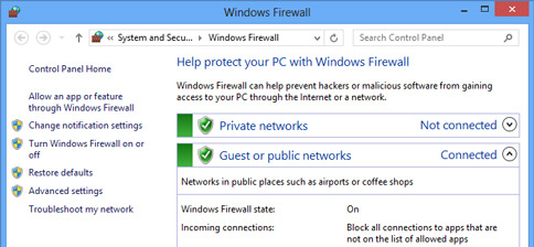 Captura de pantalla del Firewall de Windows 8