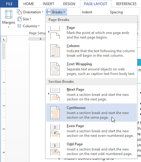 how to insert new section in word 2013