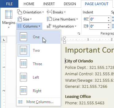 Word 2013 Columns