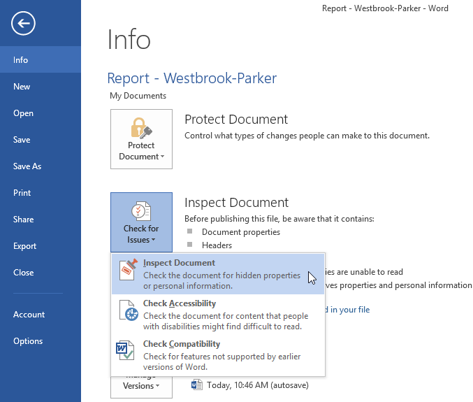 where is the document inspector in word 2013