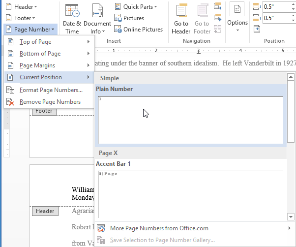 format page numbers in word font