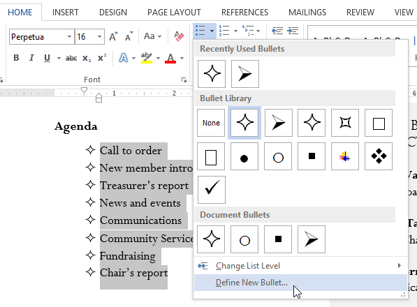 how to add a bullet in word 2013