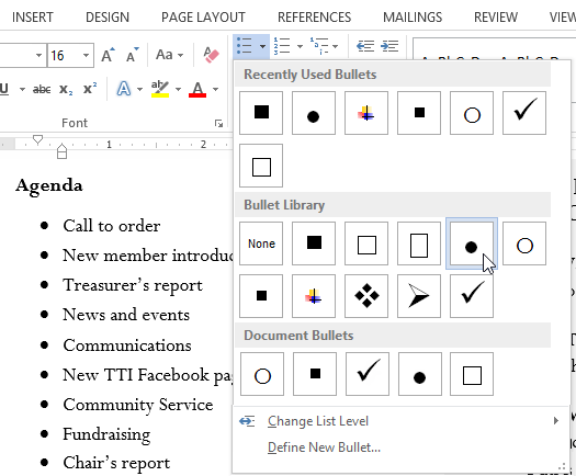 hotkey to add round bullet to word 2013