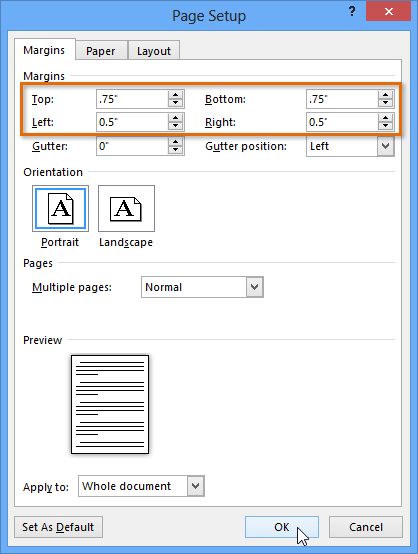 how to change top margin in word on page only