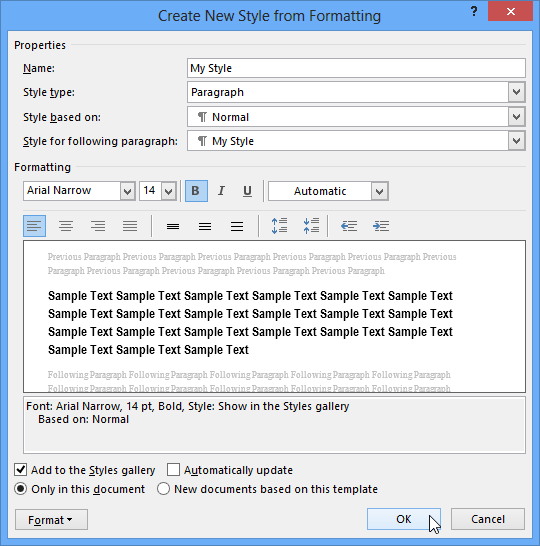 key stroke to open styles pane word 2013