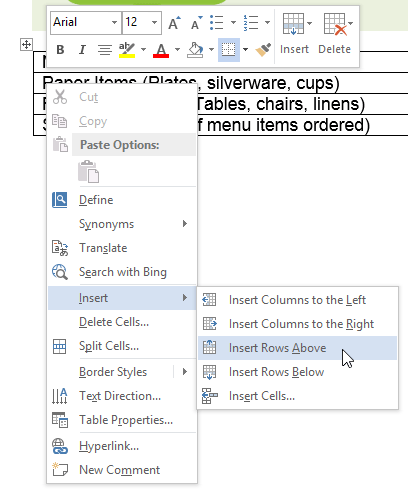 insert row word table shortcut