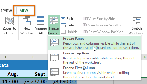 Excel 2013 Freezing Panes and View Options