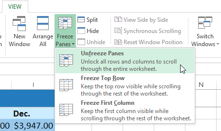 Excel 2013 Freezing Panes and View Options