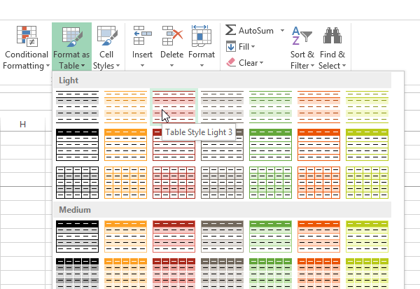 How to format using 2025 the table style in excel