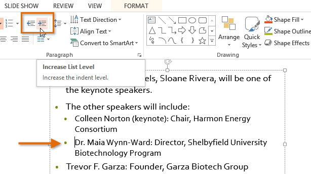 shortcut for indent more powerpoint mac