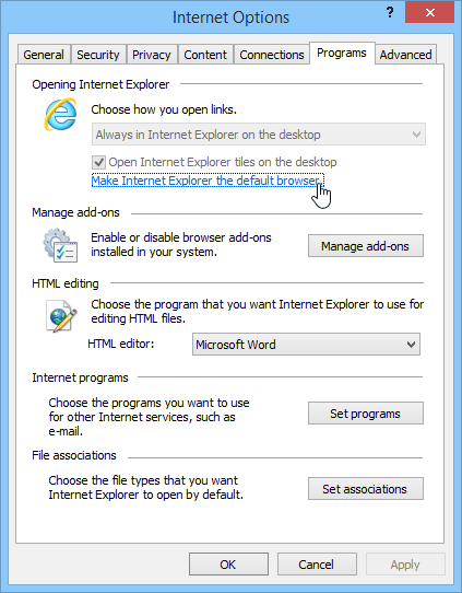 To set Internet Explorer as the default browser