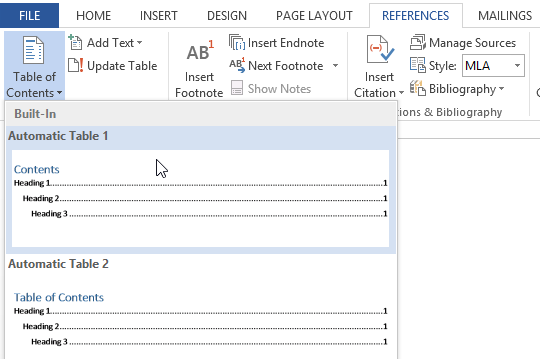 ms word build a table of contants