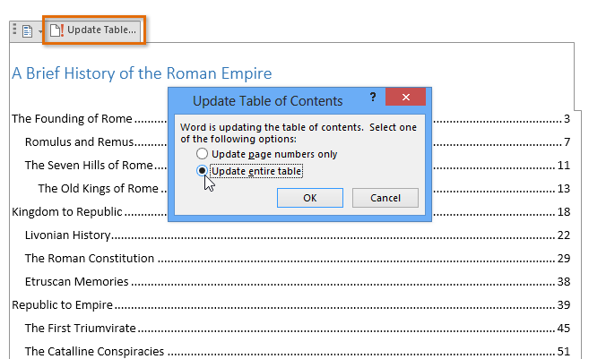 how to link table of contents in word with page numbers