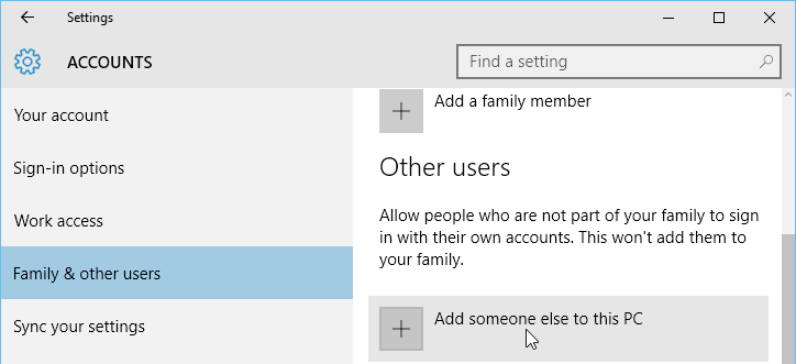 adding a new user with a Microsoft account