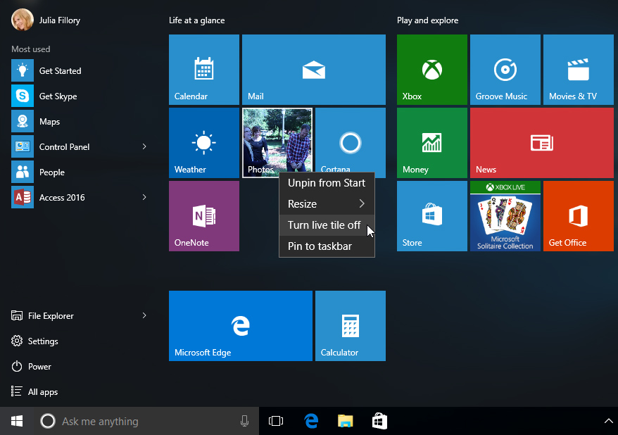 windows 10 remove live tiles