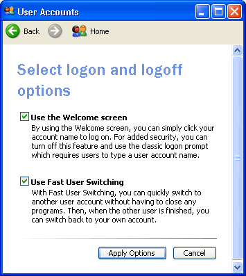 User Account window - Select log on and log off options