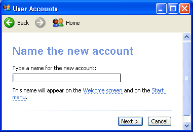 User Accounts name window