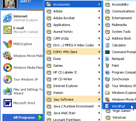 Open the All Programs menu to open WordPad